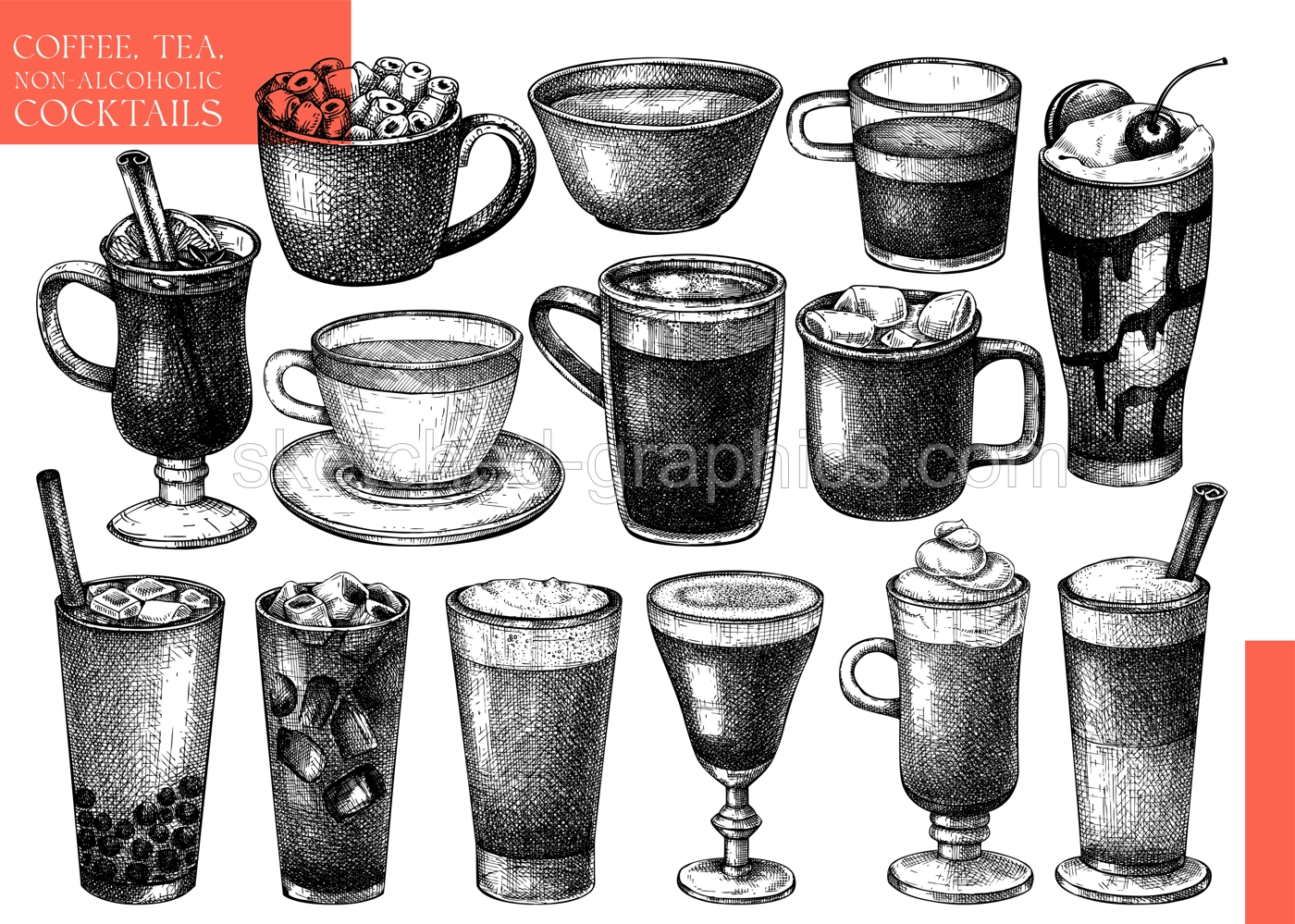 Vector collection of glass ware with hot drinks. Hand-sketched tea, mulled wine, coffee, hot chocolate glasses, mugs, cups. Popular beverages illustrations for brands, bar menu, packaging, web.  Illustration